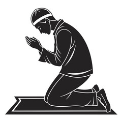 Muslim man praying on prayer mat black and white vector