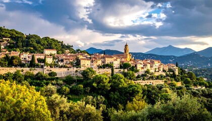 Naklejka premium Picturesque hillside village bathed in golden light