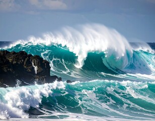 Powerful ocean waves crashing against dark rocks, sunlight illuminating the white foam and turquoise water