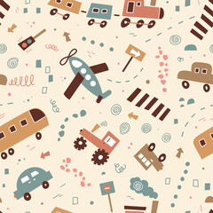 Cute Cars and Road Signs Seamless Vector Pattern. Playful earth color background with cars, train, airplane, bus for kids room wallpaper,  textile design