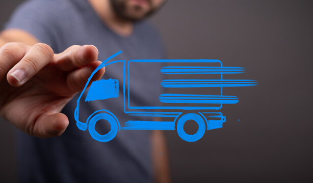 Hand interacting with digital delivery truck icon, symbolizing fast logistics, modern shipping, and efficient supply chain solutions. Ideal for