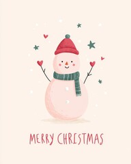 Charming Illustration of a Snowman Celebrating Christmas with Hearts and Stars, Embracing the Joyful Spirit of the Holiday Season