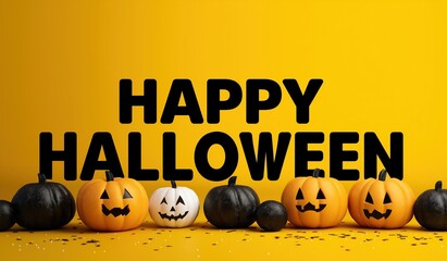 Happy Halloween written in bold black letters on a yellow background with Halloween pumpkins and decorations leaving space for additional content