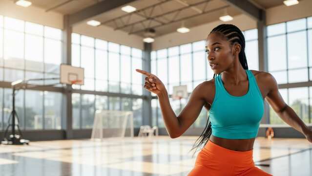Focused female athlete pointing during a fitness workout in a gym. Young black woman coaching or training on a basketball court. Active lifestyle concept