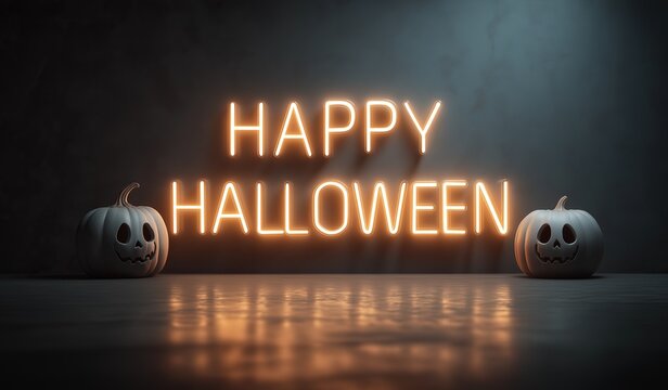 Happy Halloween written in glowing orange neon lights with two small pumpkins on each side of the text isolated on a dark gray background for holiday wallpaper