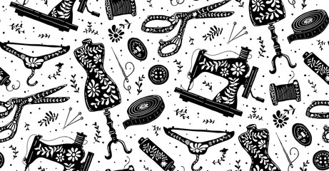 black and white boho dressmaker tailoring items seamless pattern, vector illustration repeat design print