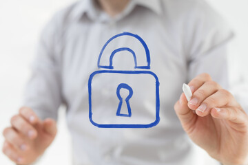 A hand drawing a blue padlock icon on a transparent screen, symbolizing digital security, data protection, and online privacy concepts.