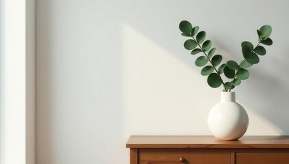 Stylish living space, single eucalyptus sprig in vase atop wooden chest , sprig, living