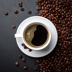 Fototapeta premium Overhead view of coffee cup and beans