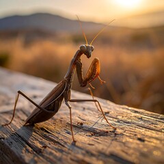 Praying mantis perched on weathered wood at sunset, backlit by golden light