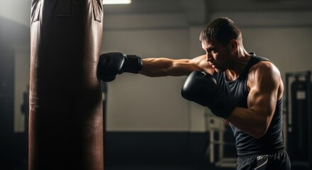 Fototapeta premium Man boxer training with punching bag. Powerful punch during intense workout. Determination and strength for boxing championship.