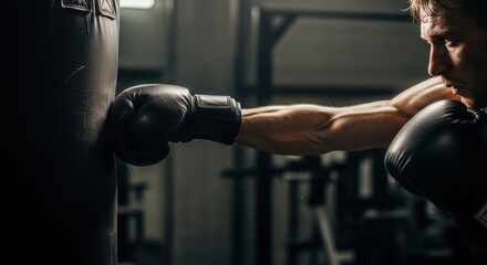 Male boxer punching a heavy bag in a dark gym. Caucasian man training vigorously in a boxing workout. Strength, fitness, and determination concept.