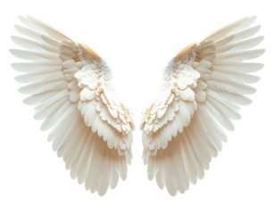 Two pristine white feathered wings, opened, against a transparent background