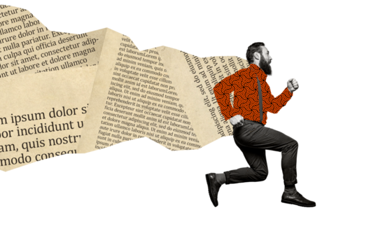 Composite photo collage of serious businessman run promotion concept hurry project meeting development isolated on painted background