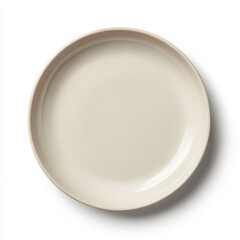 An overhead view of an empty, neutral-toned plate with a minimalist aesthetic. The circular plate sits flat on a surface, exhibiting a clean and simple design