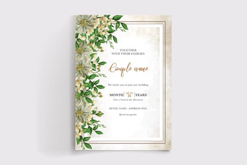 WEDDING INVITATION FRAME WITH FLOWER DECORATIONS AND FRESH LEAVES