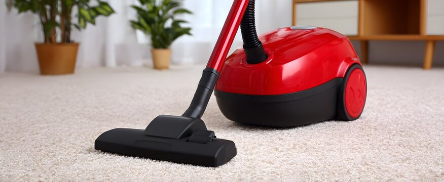 The vacuum cleaner hums softly bringing calm and freshness to the carpeted floor.