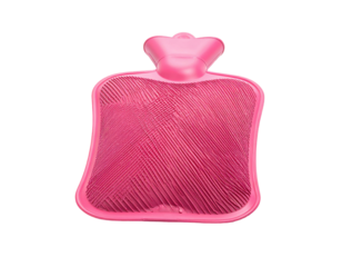 A pink, rubbery, textured hot water bottle with a curved neck and a black background