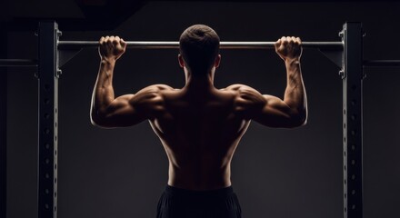 Male athlete on a horizontal bar. Man with strong back and biceps. Power, sport and healthy lifestyle. Fitness training and workout in gym.