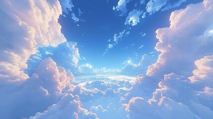 Upward view of fluffy white clouds filling a bright blue sky; light