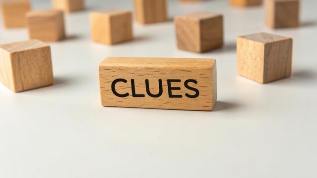 Wooden block with CLUES word displayed on white surface