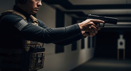 Man shooter aims pistol at target during gun range training. Military, police, or security personnel practice shooting skills. Self defense concept.