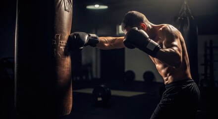 Male boxer hitting a punching bag in a dark gym. Caucasian man training boxing alone. Fitness and strength concept. Dedicated athlete workout.