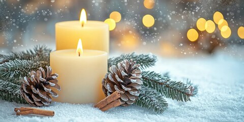 Two lit candles with pine cones and cinnamon sticks on a snowy surface, with a blurred background of lights and snowflakes.