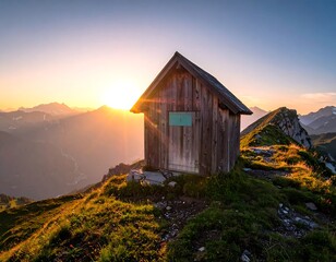 Mountain hut at sunrise