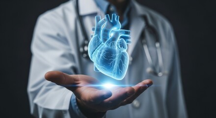Doctor holding a glowing blue virtual heart hologram. Medical innovation and futuristic healthcare, research, and diagnosis concept.