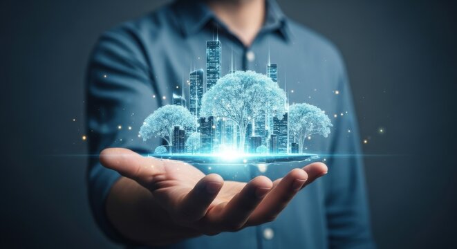 Man holding smart city hologram with wireframe buildings and glowing trees. Future urban development and green energy concept.