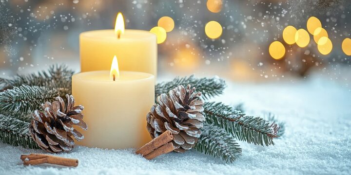 Two lit candles with pine cones and cinnamon sticks on a snowy surface, with a blurred background of lights and snowflakes. - Powered by Adobe