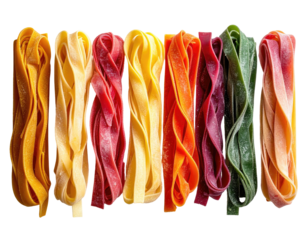 A colorful assortment of ribbon-shaped pasta stands vertically