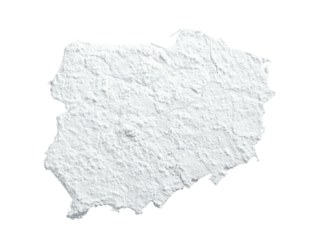 A white, textured, map-shaped form, isolated against a black background