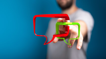 Concept of man holding digital chat bubbles. Illustrates connectivity, dialogue, and modern...