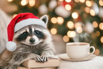 A festive Christmas scene with a raccoon in a New Year's hat and a cup of hot coffee against the backdrop of a Christmas tree