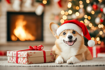 A festive Christmas scene with a happy dog ​​in a New Year's hat next to a gift against a Christmas tree and fireplace. Christmas and New Year's concept.