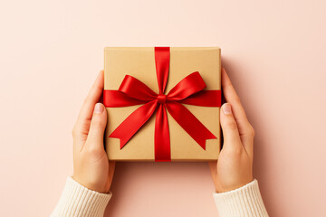 Woman's hands holding a craft box with a red ribbon on a light background