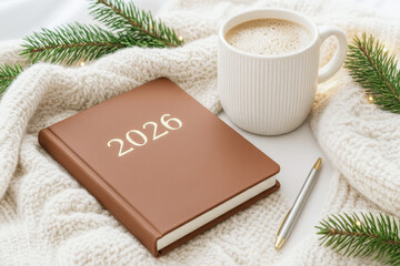 A notebook with the numbers 2026 and a cup of coffee next to a knitted blanket. The concept of making New Year's resolutions in a cozy holiday atmosphere.