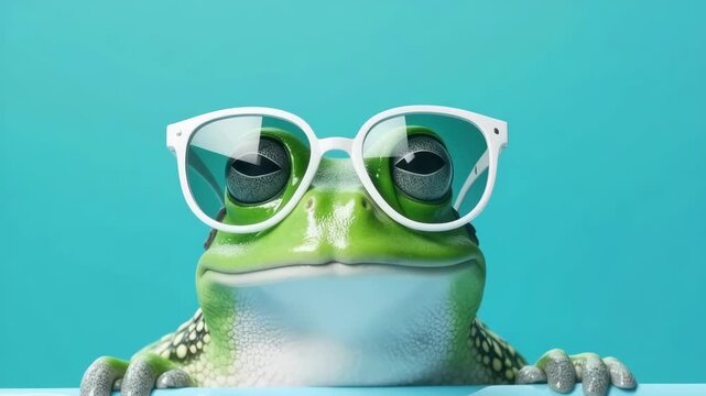 Green frog wearing white glasses, peeking over a blue surface against a teal background.
