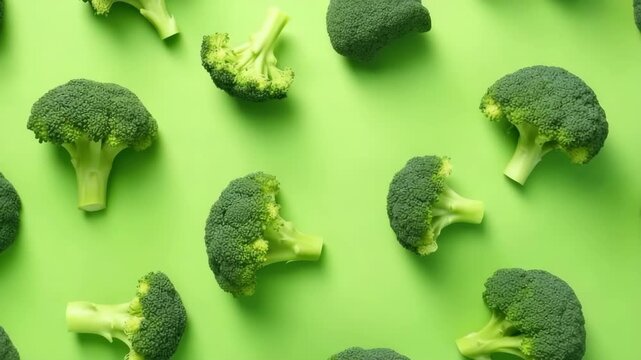 Fresh green broccoli florets scattered on a bright lime background in a random pattern.