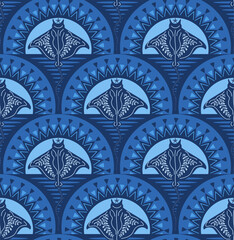 ocean sea life manta rays in art deco rising sun  scallops  seamless pattern, vector illustration repeat design print