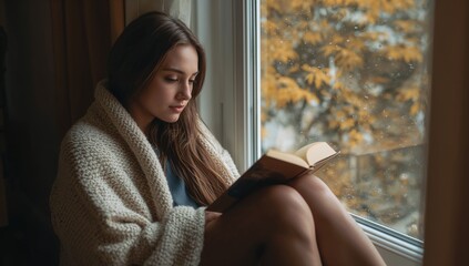 A woman is sitting in a window reading a book