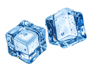 Two transparent, melting ice cubes on a black background, glistening with water droplets