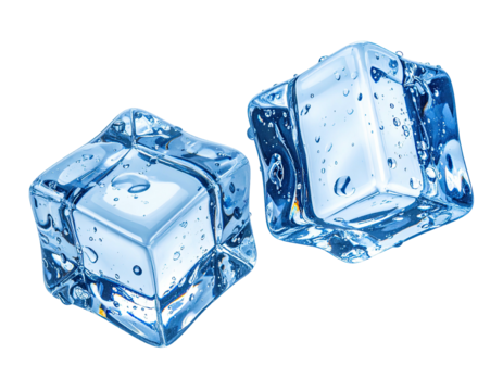 Two transparent, melting ice cubes on a black background, glistening with water droplets