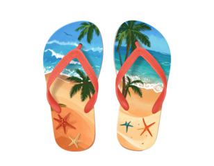 Two flip-flops displaying beach scenes with sand, sea, palms, and starfish