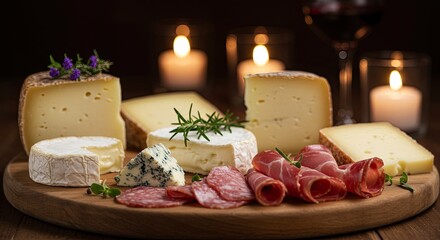 Elegant cheese board with candlelight creating a cozy, inviting atmosphere perfect for romantic dinners and gourmet food promotions