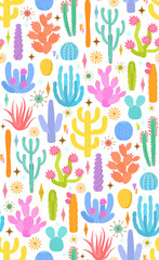 Arizona cacti desert  and atomic age retro mid century modern geometric shapes starburst diamonds stars seamless pattern, vector illustration repeat design print