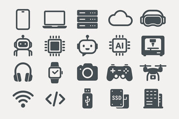 Technology and Artificial Intelligence Icons Set — Digital Devices, AI, Robotics, Coding and Cloud Computing