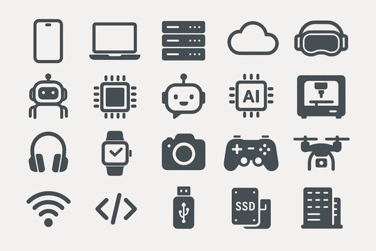 Technology and Artificial Intelligence Icons Set &mdash; Digital Devices, AI, Robotics, Coding and Cloud Computing